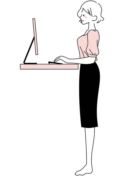 机の上で働く女性のイラスト — ストックベクタ