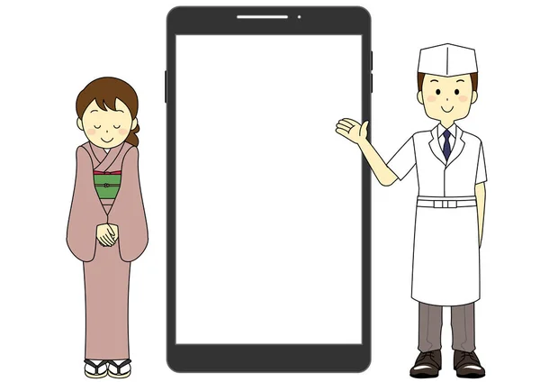 Fotorámeček Ilustrace Úředníka Restaurace Pomocí Smartphonu Vedení Zákazníků — Stockový vektor