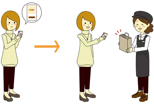 Přinášíme Ilustraci Ženským Zákazníkem Který Objednává Mobilní Telefon — Stockový vektor