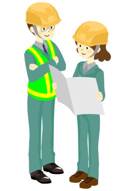 Erkek ve kadın işçiler bir çizimi, izometrik illüstrasyonu kontrol ediyorlar.