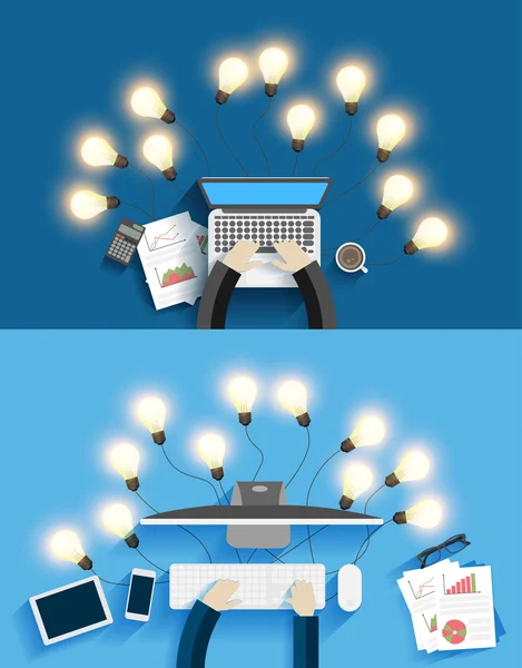Arbeit am Computer mit kreativen Glühbirnen-Ideen — Stockvektor