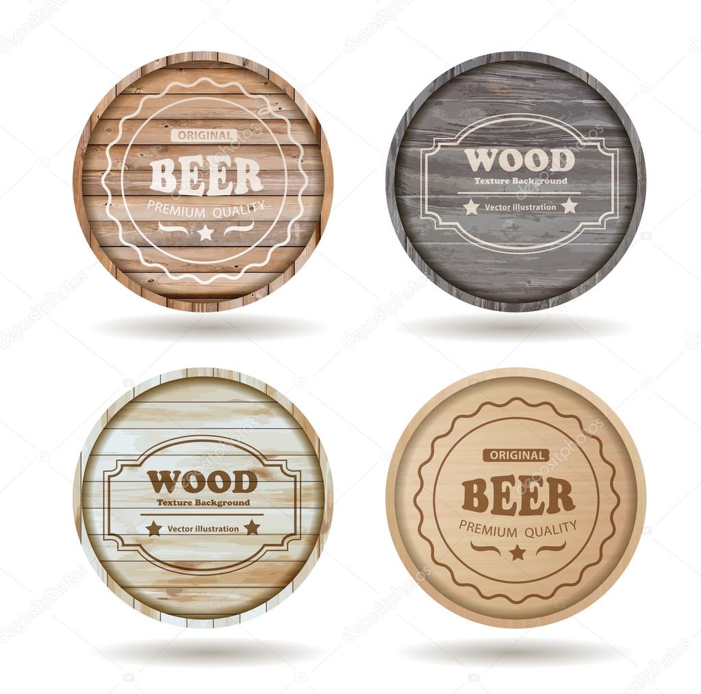 Set of wooden casks with alcohol drinks emblems 