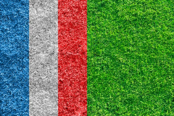 Green grass soccer field background with flag of France — Stock Photo, Image