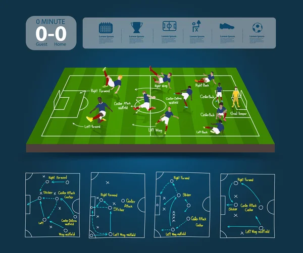 Fotbollsplan med team bildning i perspektivvy — Stock vektor