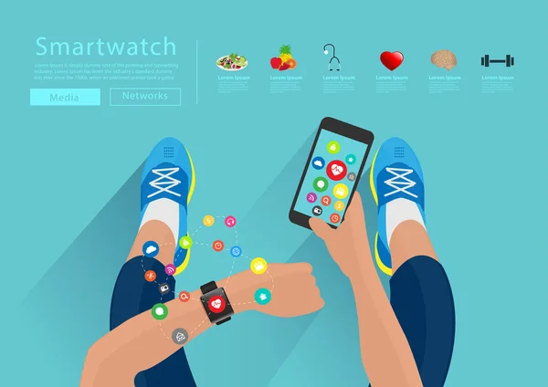 Fitness vrouw hand met het dragen van de horlogeband touchscreen smartwatch — Stockvector