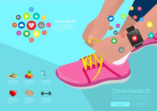 Deporte mujer mano atando cordones de zapatos con pantalla táctil smartwatch — Vector de stock