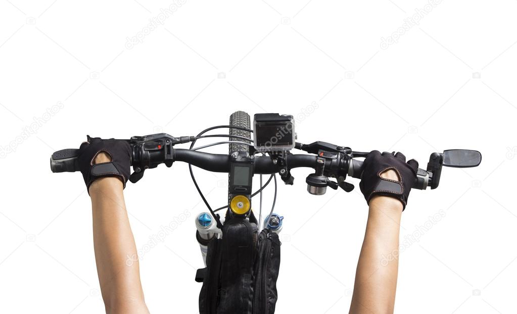 Women riding on a bicycle, Close up bicycle handlebar