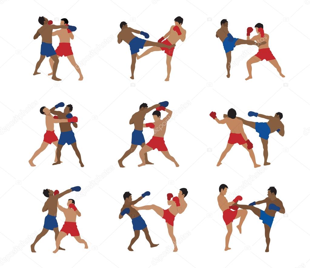 Thai boxing set, Two caucasian men exercising thai boxing