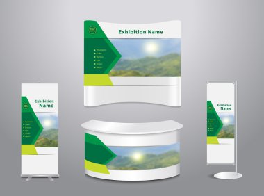 Set of trade exhibition stand with cover presentation mountain landscape background clipart