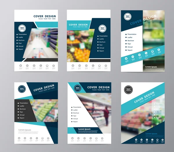 Blue fold set annual report brochure flyer design supermarket in blurry background — Stock Vector