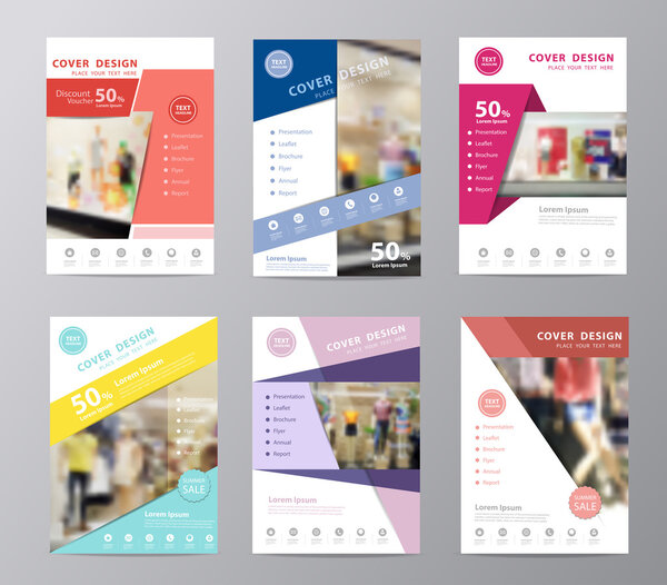 Set of annual report brochure flyer design displaying fashion background