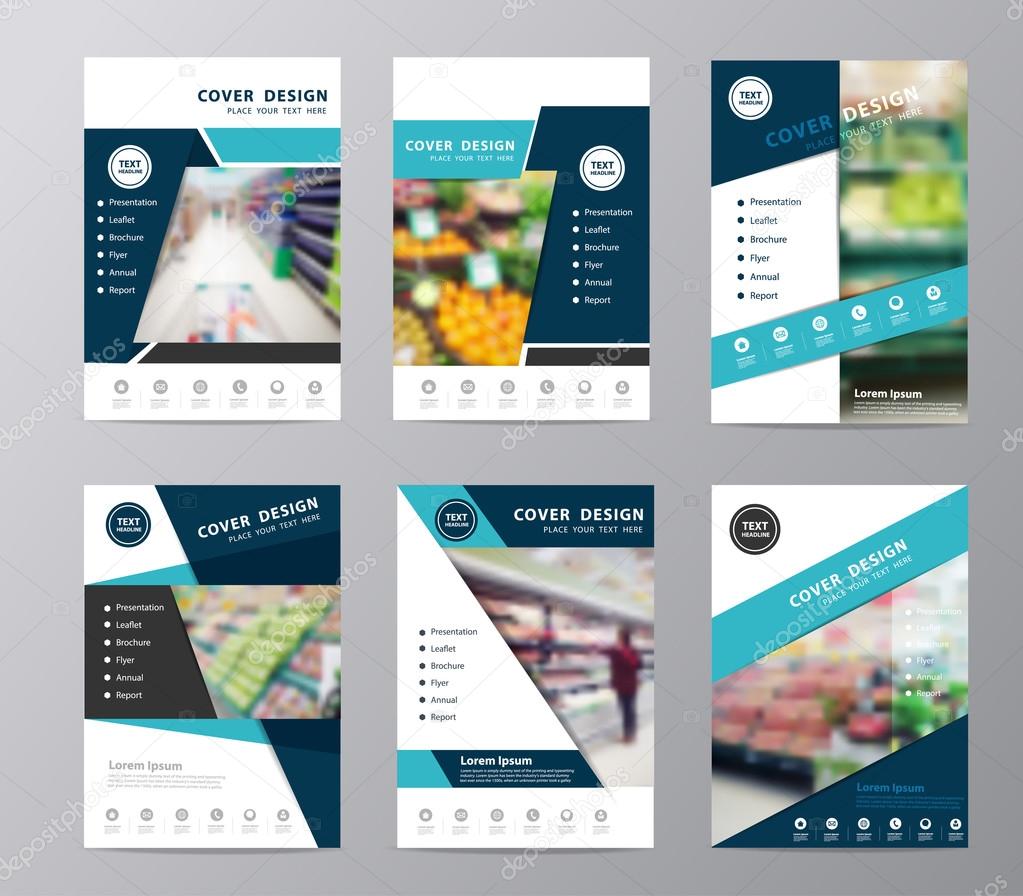 Blue fold set annual report brochure flyer design supermarket in blurry background