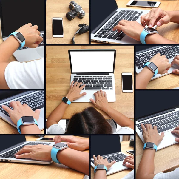 Mãos de mulher usando smartwatch no laptop — Fotografia de Stock