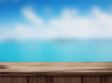 Vector ahşap masa üstü ve bulanık plaj arka planı