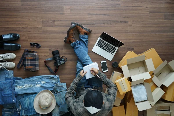 Top View Man Writing Note Book Freelancer Her Private Business — Foto Stock