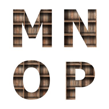 Beyaz arkaplanda izole edilmiş tahta raf yazı tipi dizayn alfabesi harfi