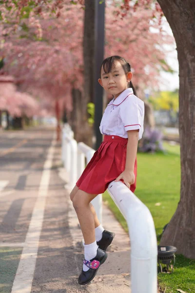 Mutlu Asyalı Anaokulu Kızı Bahçede Sakura Ağacının Altında — Stok fotoğraf
