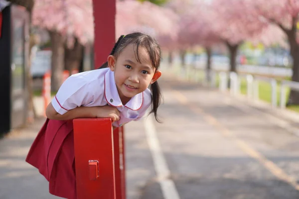 在樱花树下的花园里 快乐的亚洲幼儿园小女孩 — 图库照片