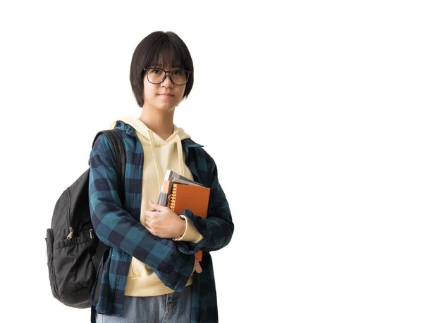 Menina Adolescente Asiática Feliz Segurando Livro Levar Mochila Isolar Fundo — Fotografia de Stock
