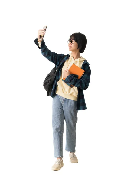 Happy Asian Teen Girl Holding Smart Phone Book Isolate White — Stock Photo, Image