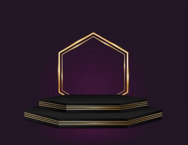 Vektör çarpım stand black and gold color, lüks konsept arkaplan, sunum taklit, kozmetik sahne temel altıgen tasarımını göster