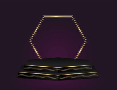 Vektör çarpım stand black and gold color, lüks konsept arkaplan, sunum taklit, kozmetik sahne temel altıgen tasarımını göster