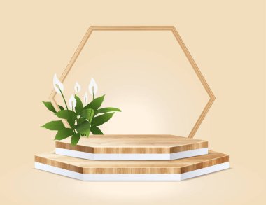 Geometrik vektör altıgen tahta podyumu ile soyut minimal sahne, sunum eşleşmesi, kozmetik ürün sahne temel tasarımını göster