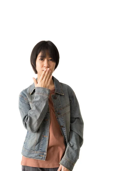 Asiático Adolescente Menina Segurando Mão Sobre Sua Boca Isolar Fundo — Fotografia de Stock