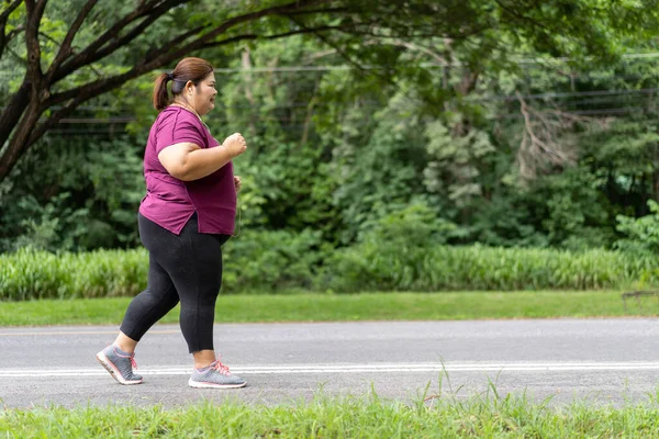 Fat Woman Asian Running Does Exercise Weight Loss Idea Concept — Stock Photo, Image