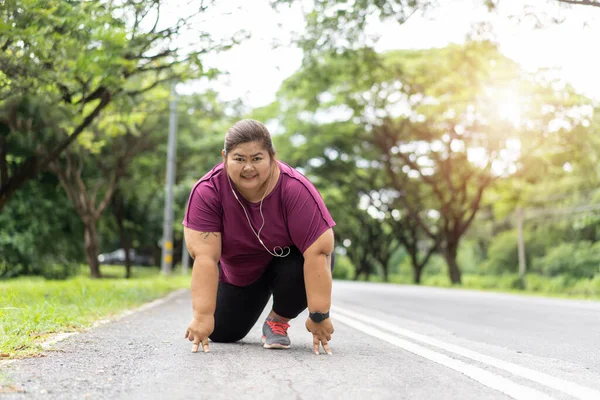 Fat Woman Asian Ready Run Does Exercise Weight Loss Idea — Stock Photo, Image