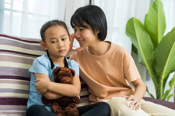 Caring Sister Embrace Comfort Little Girl Child Kid Feeling Sad — Stock Photo, Image