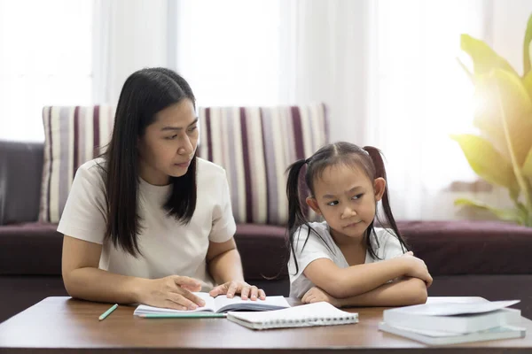 Asian Mother Daughter Tired Bored Teaching Homework Study Home Boring — Stock Photo, Image