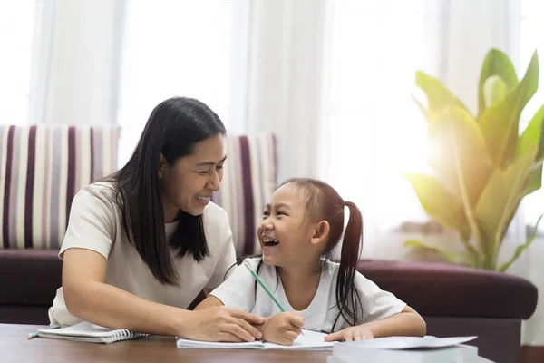 Happy Asian Little Girl Mother Teaching Homework Study Home Idea — Stock Photo, Image