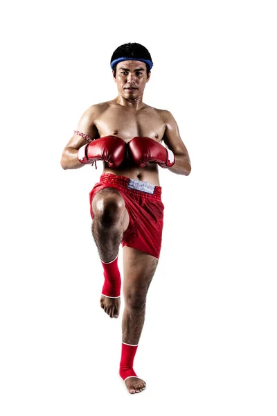 Muay Thai Asiatischer Mann Beim Thaiboxen Isoliert Auf Weißem Hintergrund — Stockfoto