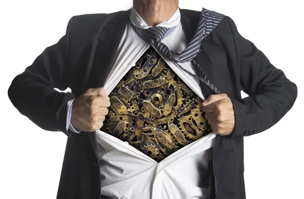 Affärsman som visar en superhjälte kostym under maskiner metall redskap idé koncept — Stockfoto