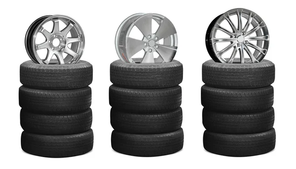 Ruedas de aleación de coche en neumáticos de pila — Foto de Stock