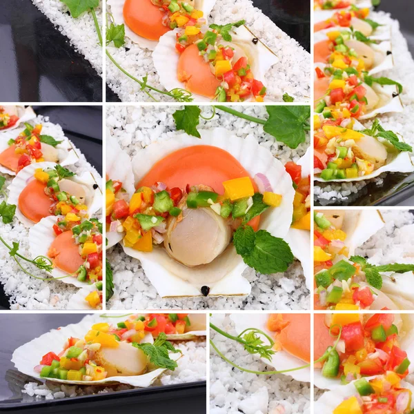 Vieiras cocidas Collage con salsa tropical —  Fotos de Stock