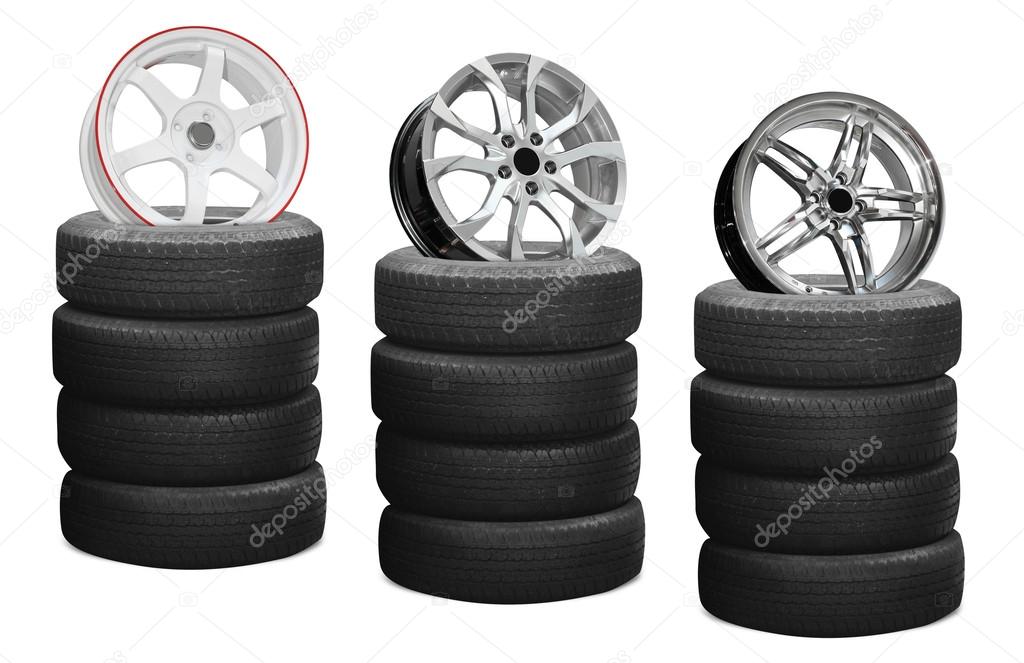 Car alloy wheels on pile tires