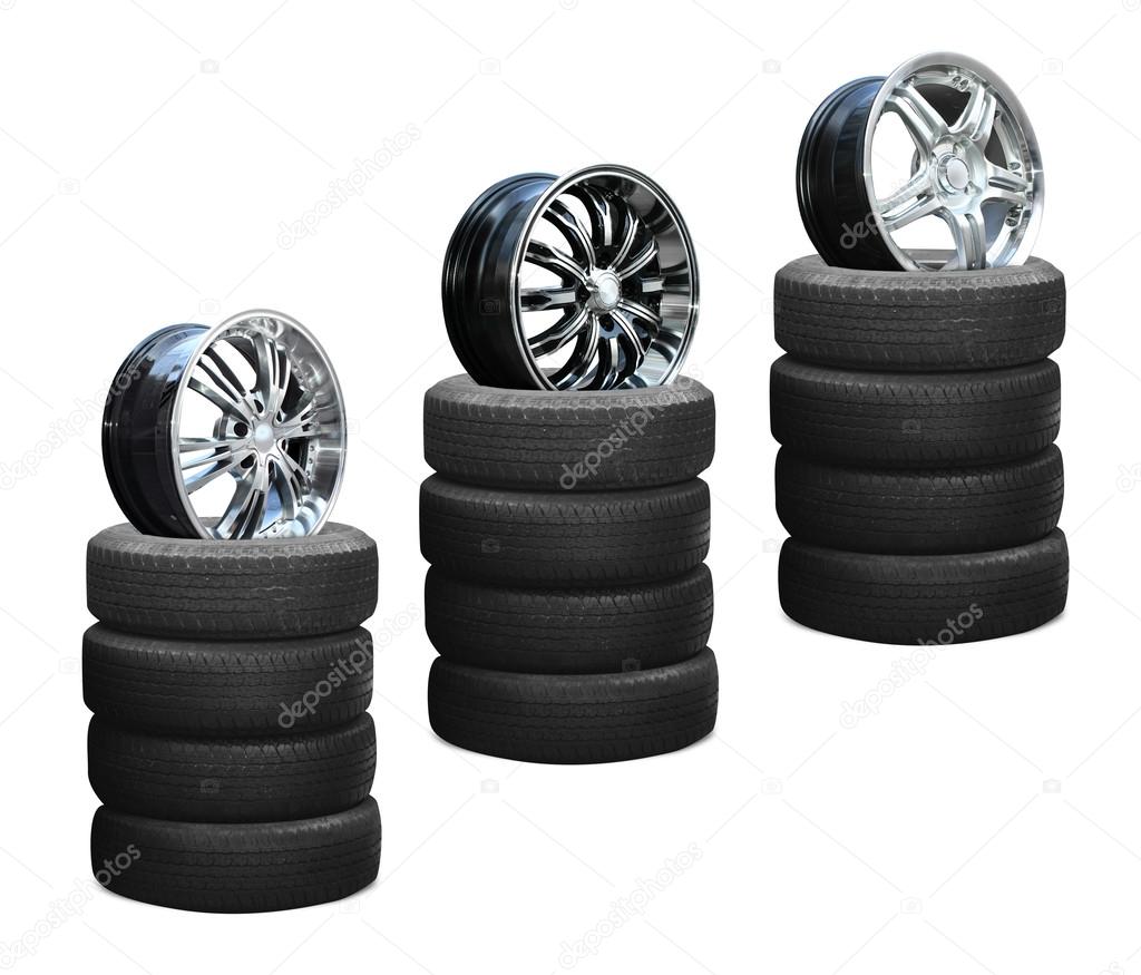 Car alloy wheels on pile tires