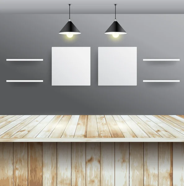 Mesa de madera con pared de diseño interior — Vector de stock