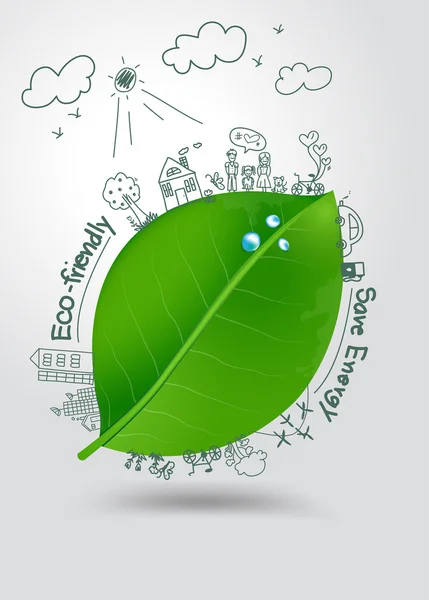 Concepto ecológico, Dibujo creativo sobre hoja verde con gotas de agua — Vector de stock