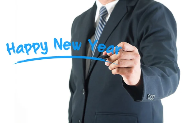 Geschäftsmann zeichnet ein frohes neues Jahr auf Whiteboard — Stockfoto
