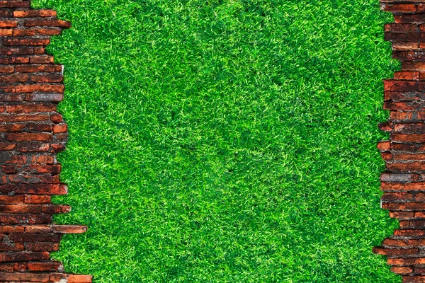Красный кирпич с зеленой травой — стоковое фото