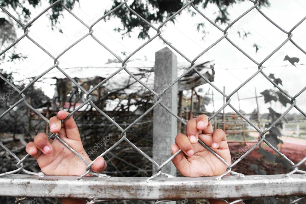 Child's hands clutching fence