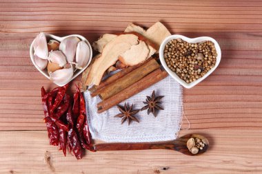 Baharatlar ahşap masada