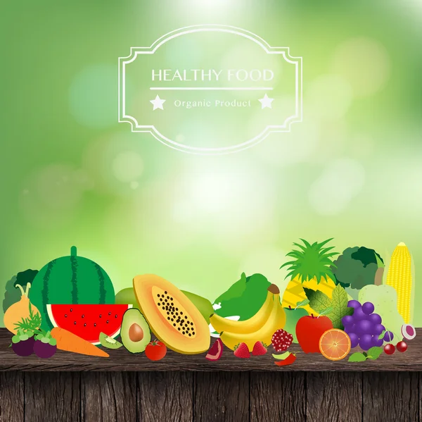 Frutta e verdura sul tavolo di legno — Vettoriale Stock