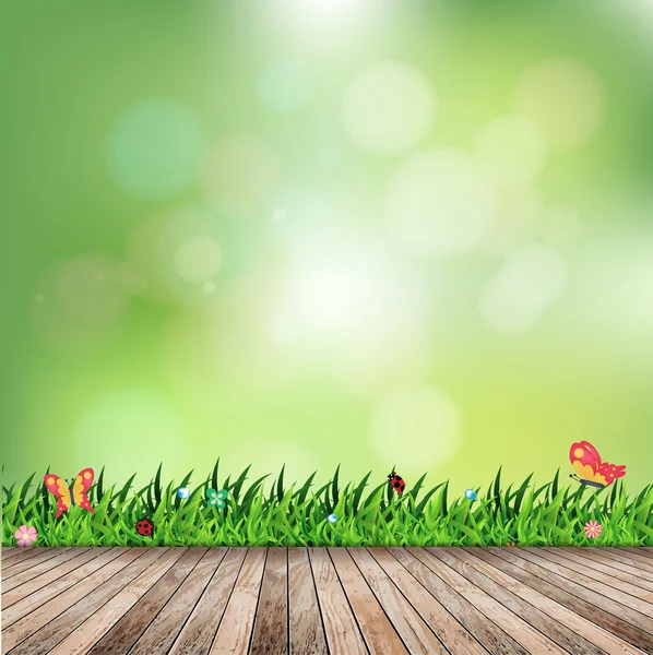 Trawa wiosna świeży zielony bokeh i światło słoneczne i drewniane podłogi — Wektor stockowy