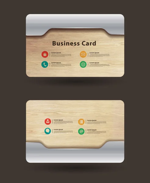 Business card template with wood texture and metal plate design — Stock Vector