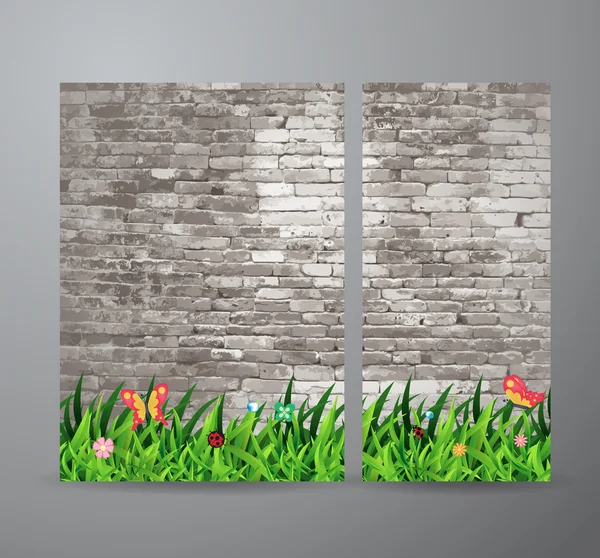 Vector green grass over brick wall background — Stock Vector