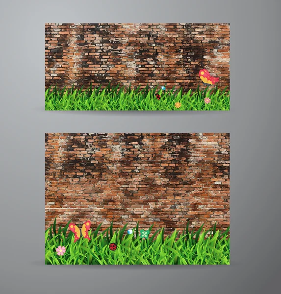 Vector green grass over brick wall background — Stock Vector
